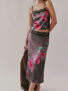 Free People Brown Floral Satin Slip Top and Skirt Set with Pink & Teal Flowers